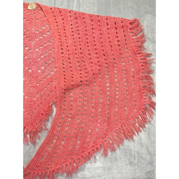 Handmade Crochet Triangle Shawl Coral Pink Grandmacore Boho Festival Fringe VTG - Picture 7 of 9